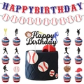 Detailed baseball theme birthday party decoration set with cake toppers and banners - Birthday Banner and Cake Toppers Set - Style A