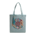 Borsa tote in paglia azzurra con ricamo tradizionale del drago e nappa con frange - Blu