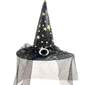 Black Oxford Halloween witch hat featuring gold stars and elegant black polka dot tulle - Adult / Black Gold Stars