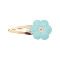 Macro detail of hand-knitted light blue sunflower snap clip with gold metal base - Knitted Flower Hair Clip / Light Sky Blue (34)
