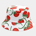 Close-up of red tomato patterns and fine stitching on a white reversible bucket hat - White Base Tomato Print (15# Color)
