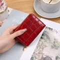 Mini porta carte rosso con motivo a coccodrillo e cerniera dorata tenuto in mano - Rosso