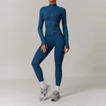 Navy blue two-piece seamless yoga set with zipper long sleeve top and high waist leggings - S / Jacket + Pants / Navy Blue