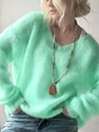 Detail of mint green mohair knit sweater texture with stylish long pendant necklace - S / Green