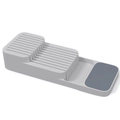 Gray and white expandable kitchen drawer organizer with layered cutlery slots for knives - Grey Knife Storage Box