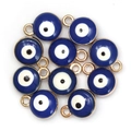 Macro detail of 10-piece gold-rimmed blue evil eye charms on a plain white background - 10Pcs / Dark Blue