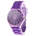 Detailed side view of purple silicone watch featuring 3D numeric scale and analog dial - Purple