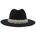 Detail of white pearl decorative band on black wide-brimmed wool felt fedora hat - Black (Large Pearl)
