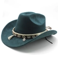 Detail of dark green felt cowboy hat with shell-adorned leather band and fringe trim - M(56-58cm) / Malachite green
