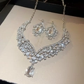 Luxurious silver necklace and earrings set with sparkling zircon for formal wedding attire - 47# V-Shape Oval Water Drop - Silver (2-Piece Set)
