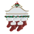 Customizable resin Christmas fireplace ornament with 5 red glitter socks and white banner - Family of 5 - Hand Painted