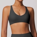 Brassière de yoga noire mate avec décolleté en V et dos nageur en tissu extensible - Gris Bleu Foncé