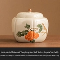Miniature ceramic tea canister with hand-painted persimmon pattern and matte glaze finish - Hand Painted Relief Persimmon - Hexagonal Jar