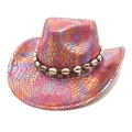 Detail of colorful snakeskin cowboy hat with western brim and natural cowrie shell band - Red