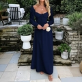Elegant royal blue long sleeve evening dress with drawstring detail and flowing skirt - S / Navy Blue