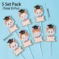 35pcs Graduation cake toppers featuring cute PhD cartoon characters on blue background - Writable Doctoral Boy