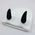 White knitted beanie featuring black devil horns on top for a funny gothic look - Adult One Size - Elastic / Black Horn - White Hat