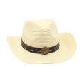 Chapeau de cow-boy en paille beige avec insigne d'étoile vintage sur ruban marron - Taille unique / Crème