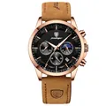 Men's chronograph watch with rose gold case, black dial and brown leather strap - Rose Gold Case Black Dial Leather Strap
