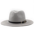 Close-up of grey straw fedora hat featuring fine woven texture and black leather band buckle - Gray