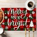 Red and green plaid Christmas placemat with Merry and Bright text on wooden table - CD40-5/Normal Linen/Merry AND Bright Script / 30x45cm