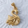Detailed macro view of a 24k gold plated swan pendant with textured feather engraving - Swan / Gold