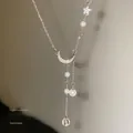 Gold star and moon pendant necklace with pearls and crystals in a luxury finish - XL1055 Silver Stainless Steel Chain