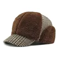 Winter plaid baseball cap with warm faux shearling earflaps in brown and white - 55-59CM / Coffee