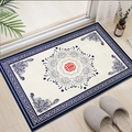 Blue and beige Chinese style hallway mat with red Fu character and floral patterns - 60x90cm / New Chinese Entryway Style 015 (Red Fu)