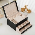 Three-layer black leather jewelry organizer box with lock and multiple storage drawers - 23*17*13.5cm / Black