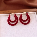 Close-up of wine red flocked double circle earrings with elegant gold metallic finish - Round Double Layer / Burgundy