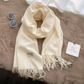Soft cream white cashmere-like scarf for women with elegant tassel edges and brand label - Milky White
