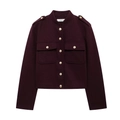 Kurze weinrote Wolljacke im britischen Stil mit Stehkragen und goldenen Metallknöpfen - XS / Dunkelrot