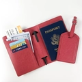 Red cross-grain PU leather passport holder and luggage tag set with pen slot and card slots - Red