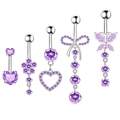 5-piece purple zircon belly button ring set in stainless steel with heart and butterfly shapes - Purple Collection