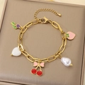 Bracelet doré avec breloques fraise, cerise et tulipe avec un pendentif perle - Style Tulipe Fraise Cœur Cerise Perle(KB203463-Z)
