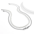 Minimalist men's double-layer necklace with white pearls and silver-tone metal chain links - Silver Double Layer