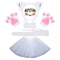 Set costume da gatta bianca per bambini con cerchietto con orecchie, zampe morbide e gonna - Set Bianco Paillettes 7 Pezzi