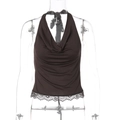 Close-up of coffee brown satin camisole with black lace trim hem on mannequin - S / Coffee