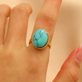 Bohemian gold stainless steel ring with oval turquoise stone and vintage serrated bezel - Vintage Tooth Inlay Style (DZ-978) / Gold / Turquoise