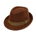 Brown woven linen kids fedora hat with a striped band for outdoor sun protection - 54cm / Coffee