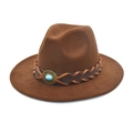 Brown wide brim wool fedora hat with ethnic turquoise band for men and women - M (56-58cm) / Coffee
