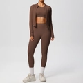 Coffee brown three-piece yoga set featuring zip jacket, sports bra and high waist leggings - S / Chestnut Brown