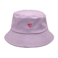 Lavender cotton bucket hat with red heart embroidery for sun protection and casual wear - M (56-58cm) / Light Purple