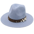 Detail of light blue straw fedora with leopard band, white pearls and floral accents - Sky Blue