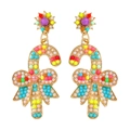 Detail of candy cane drop earrings with colorful beads and a gold bow for Christmas - Colorful Beaded Candy Cane With Bow
