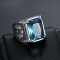 Retro stainless steel ring for men with rectangle blue gemstone and tulip engraving - Blue