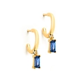 Close-up of gold hoop earrings featuring rectangular blue zircon pendants on white background - Rectangle Charm Hoops