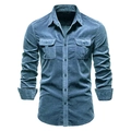 Detail view of navy blue corduroy shirt featuring double breasted pockets and classic collar - S / Tops / Blue
