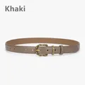 Minimalist khaki leather belt for women with vintage golden woven round buckle - Khaki